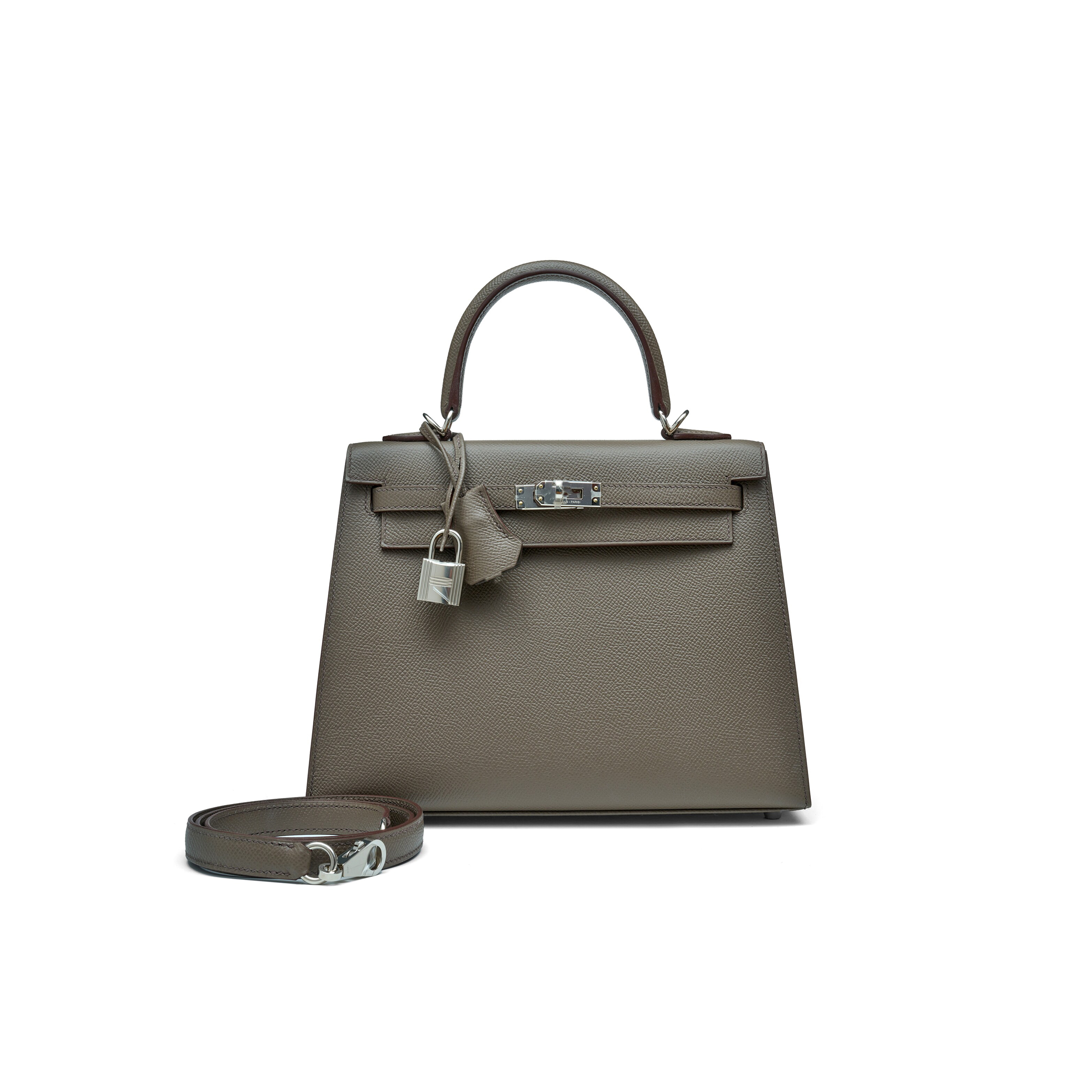 HERMÈS MASTER GRIS TOURTERELLE EPSOM KELLY 25 SELLIER PALLADIUM HARDWARE (25*17*7cm) 